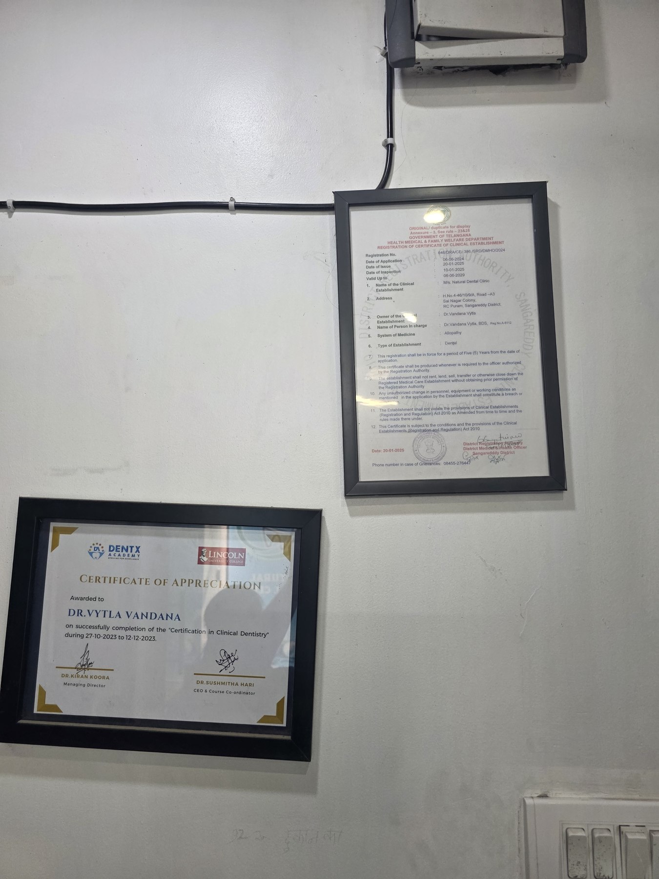 Clinic registration and professional certificate displayed at Natural Dental Clinic